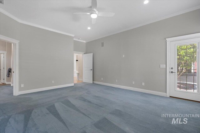 unfurnished bedroom featuring carpet, ornamental molding, access to exterior, baseboards, and recessed lighting