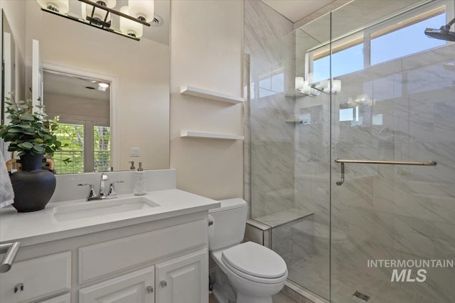 bathroom with toilet, a shower stall, and vanity