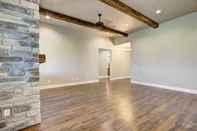 empty room with beam ceiling, ceiling fan with notable chandelier, and wood-type flooring