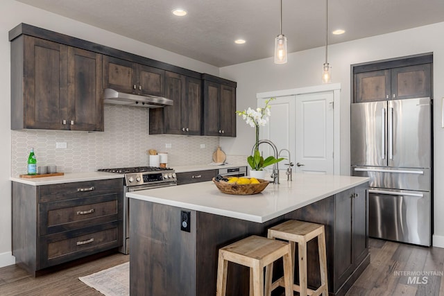 kitchen featuring under cabinet range hood, stainless steel appliances, dark wood-type flooring, and dark brown cabinetry