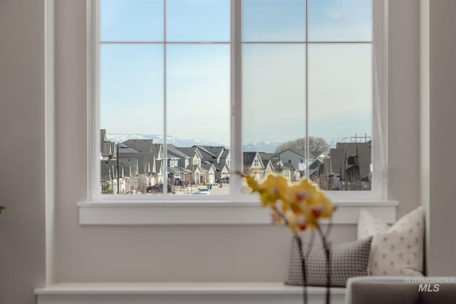 interior details with a residential view and a mountain view