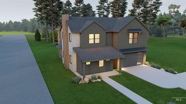 2930 W Neff St, Boise, ID 83703 - contemporary house featuring driveway, an attached garage, roof with shingles, and a front lawn