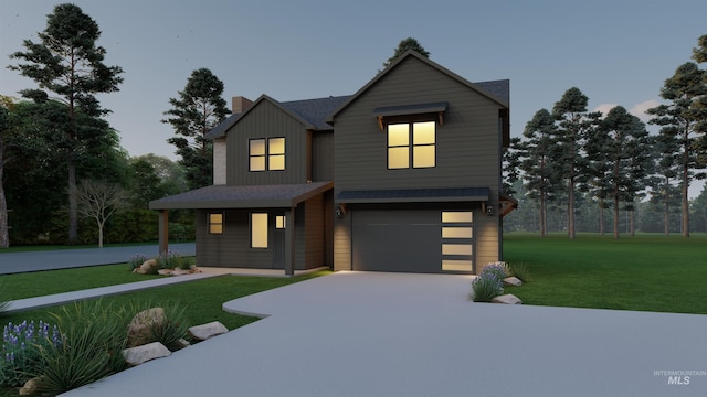 2930 W Neff St, Boise, ID 83703 - view of front of home featuring a garage, driveway, a front yard, a chimney, and roof with shingles