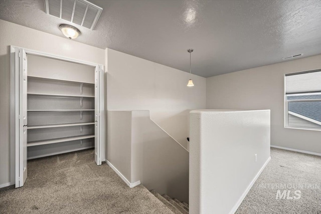 interior space featuring carpet flooring and a textured ceiling