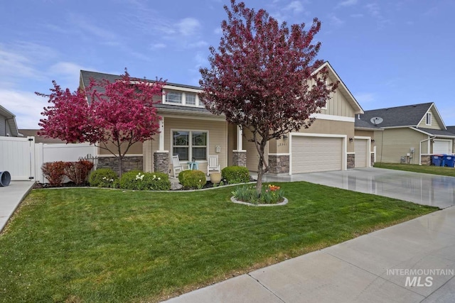 view of property hidden behind natural elements featuring stone siding, an attached garage, concrete driveway, and a porch