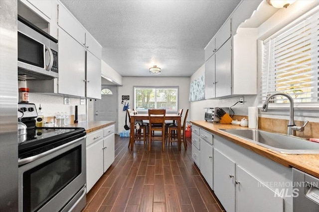 77 S Canyon St, Nampa, ID 83651 - kitchen with appliances with stainless steel finishes, a textured ceiling, light countertops, dark wood finished floors, and white cabinets