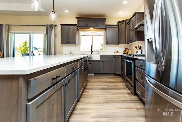 kitchen with appliances with stainless steel finishes, a healthy amount of sunlight, decorative light fixtures, and light hardwood / wood-style floors