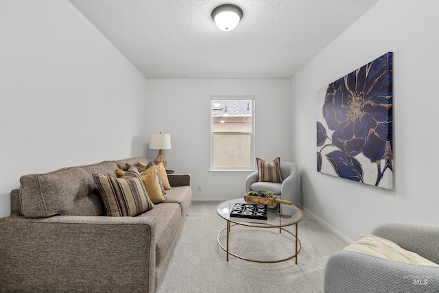 living area with carpet, a textured ceiling, and baseboards