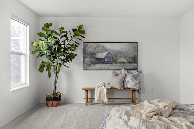 carpeted bedroom featuring multiple windows and baseboards