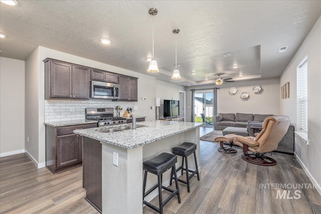 17719 Jackson Ridge Way, Nampa, ID 83687 - kitchen featuring stainless steel appliances, a raised ceiling, light wood-type flooring, a textured ceiling, and baseboards