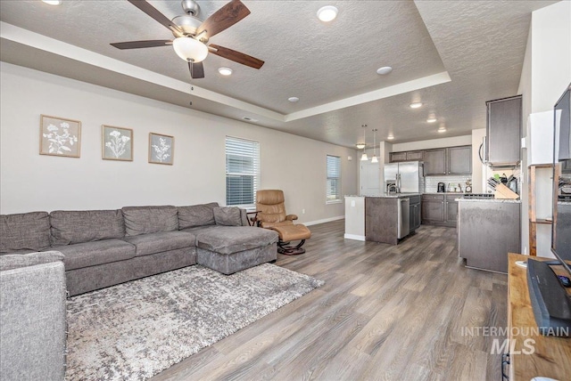 17719 Jackson Ridge Way, Nampa, ID 83687 - living room with a tray ceiling, a textured ceiling, a ceiling fan, wood finished floors, and baseboards