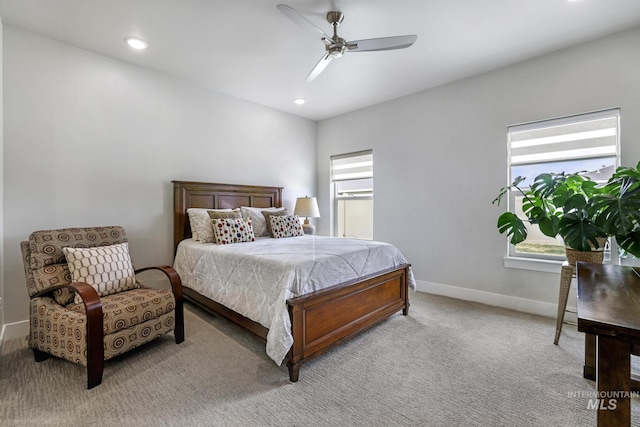 bedroom featuring ceiling fan, recessed lighting, baseboards, and carpet floors