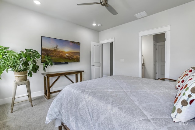 bedroom featuring recessed lighting, carpet flooring, baseboards, and a ceiling fan