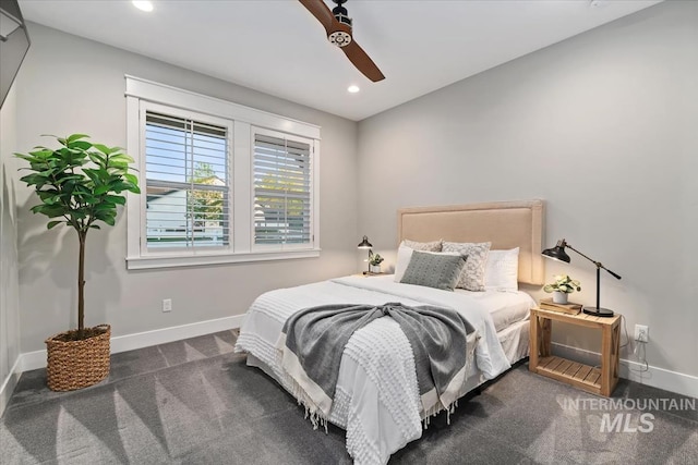 carpeted bedroom with baseboards, recessed lighting, and a ceiling fan