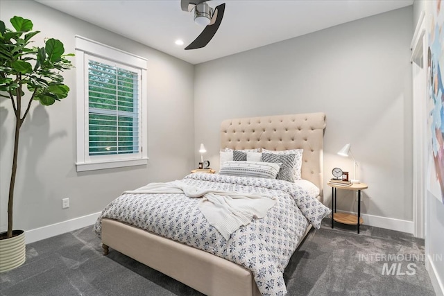 bedroom with carpet flooring, baseboards, a ceiling fan, and recessed lighting