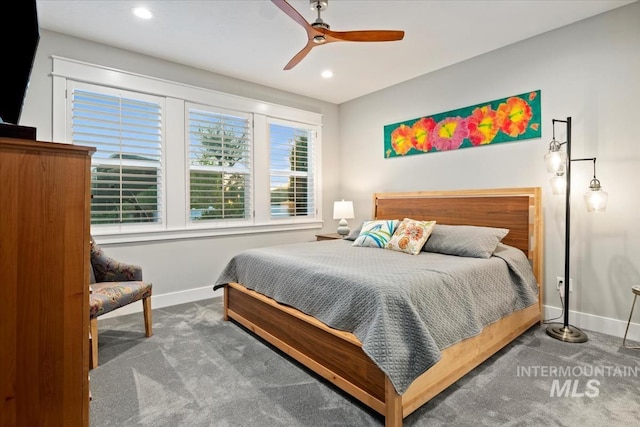 carpeted bedroom with baseboards, recessed lighting, and a ceiling fan
