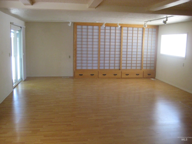 11254 W Camas St, Boise, ID 83709 - empty room featuring light wood-type flooring, plenty of natural light, track lighting, and beamed ceiling