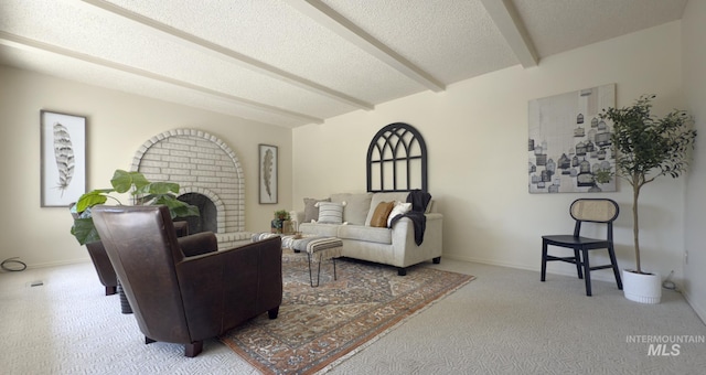 11254 W Camas St, Boise, ID 83709 - carpeted living room with beamed ceiling, a textured ceiling, and a fireplace