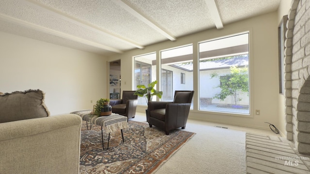 11254 W Camas St, Boise, ID 83709 - living area with carpet, beam ceiling, and a textured ceiling