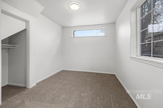 unfurnished bedroom with a closet and carpet floors