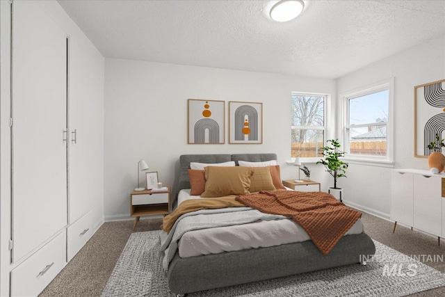 carpeted bedroom with a textured ceiling