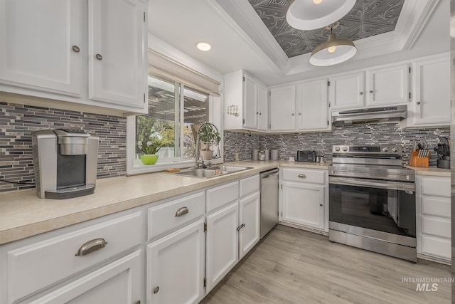 kitchen featuring a sink, stainless steel appliances, exhaust hood, decorative backsplash, and a raised ceiling