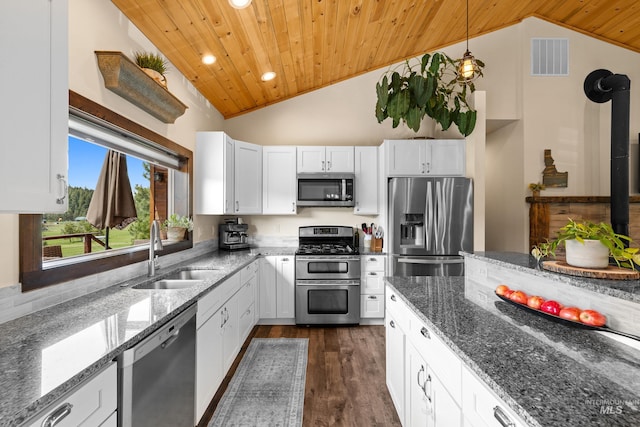 3383 Ridge Dr, Mccall, ID 83638 - kitchen featuring appliances with stainless steel finishes, wooden ceiling, vaulted ceiling, dark stone counters, and white cabinetry