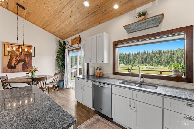 3383 Ridge Dr, Mccall, ID 83638 - kitchen featuring dishwasher, wooden ceiling, vaulted ceiling, a chandelier, and dark wood-style floors