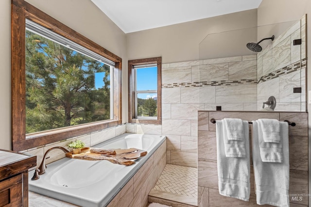 3383 Ridge Dr, Mccall, ID 83638 - bathroom with a walk in shower, a bath, and vanity