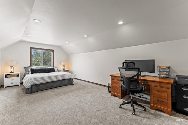 3383 Ridge Dr, Mccall, ID 83638 - carpeted bedroom with lofted ceiling, an office area, and recessed lighting