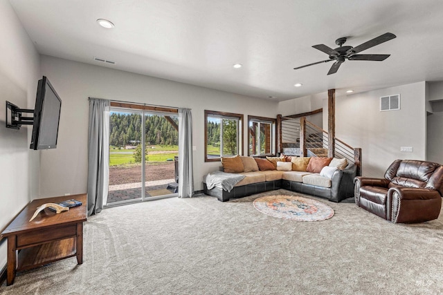 3383 Ridge Dr, Mccall, ID 83638 - living room with carpet, ceiling fan, recessed lighting, and stairway