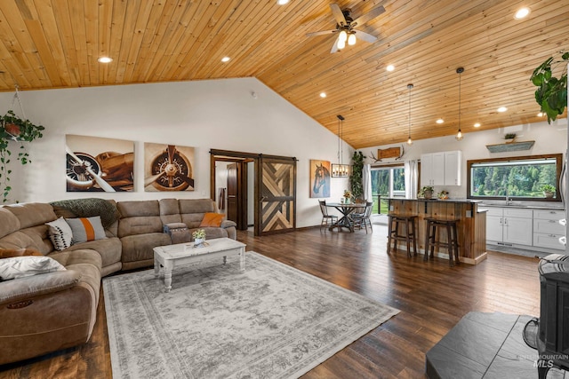 3383 Ridge Dr, Mccall, ID 83638 - living area featuring wood ceiling, recessed lighting, a ceiling fan, high vaulted ceiling, and dark wood-style flooring