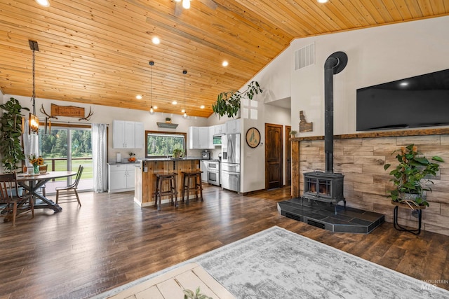 3383 Ridge Dr, Mccall, ID 83638 - living room with a wood stove, wood ceiling, dark wood-type flooring, high vaulted ceiling, and recessed lighting