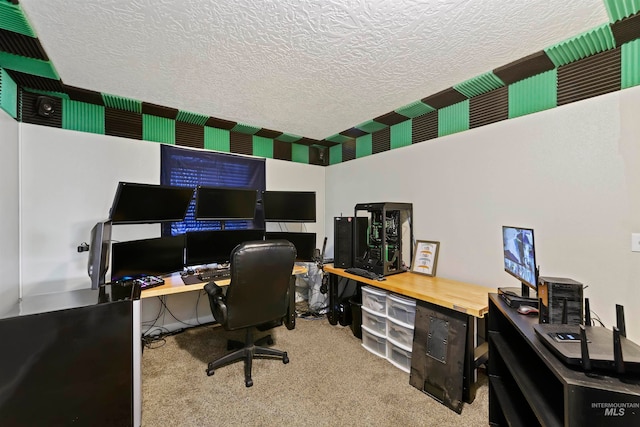 office area featuring carpet floors and a textured ceiling