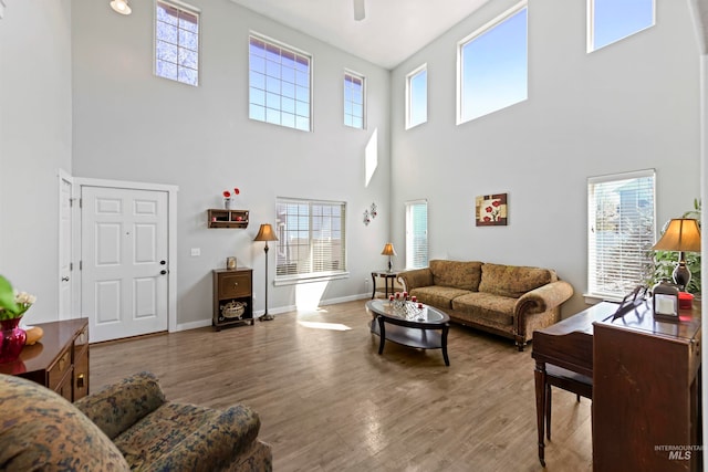 living room featuring baseboards, plenty of natural light, and wood finished floors