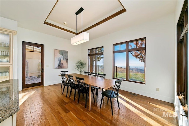 dining room with a wall unit AC, hardwood / wood-style floors, and a raised ceiling