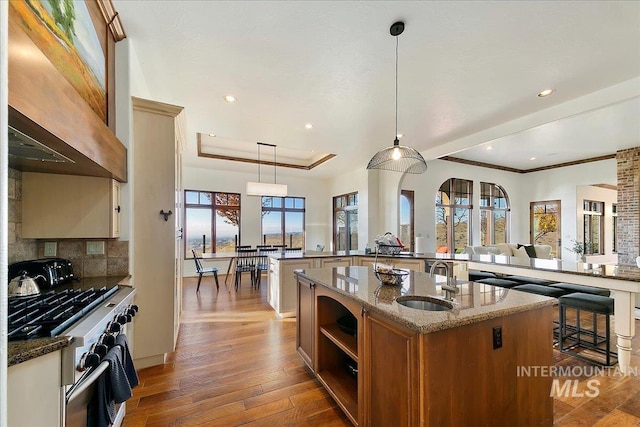 kitchen with decorative light fixtures, backsplash, hardwood / wood-style flooring, stainless steel gas stove, and sink