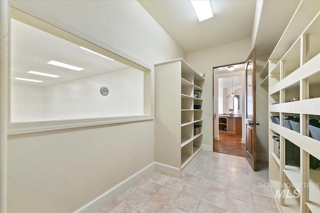 walk in closet with light hardwood / wood-style floors