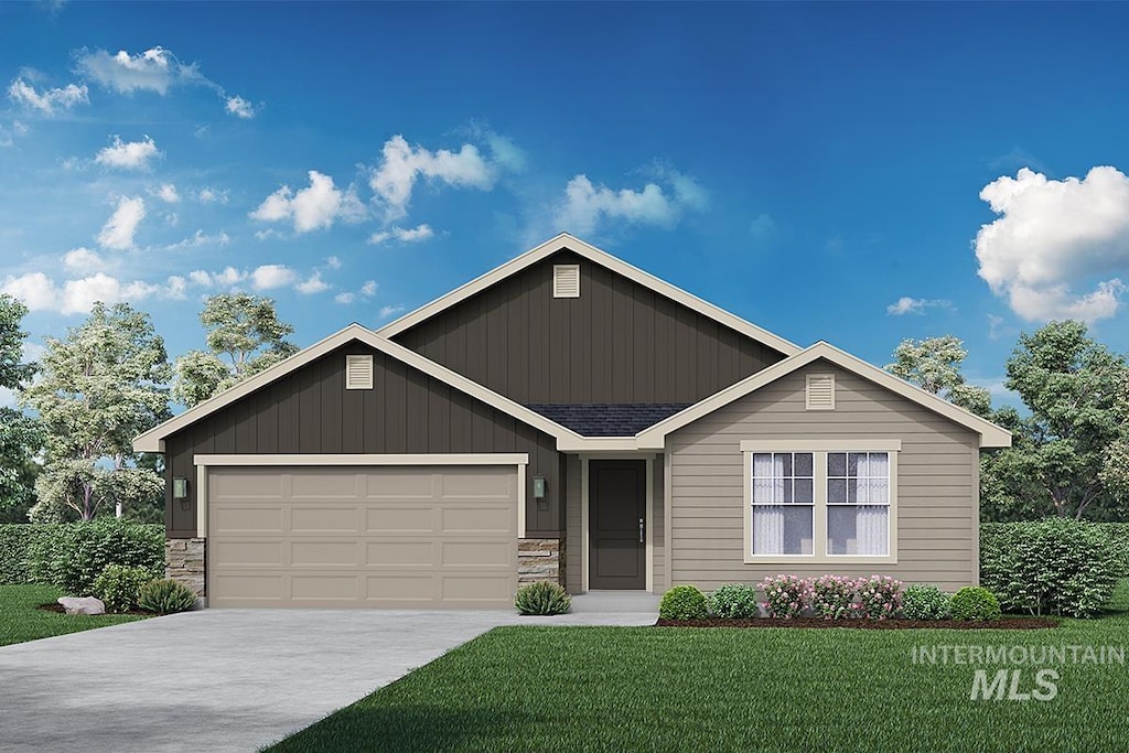 1576 Witt, Mountain Home, ID 83647 - view of front facade with stone siding, driveway, an attached garage, and a front yard