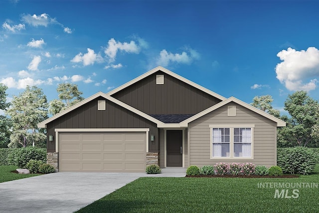 1576 Witt, Mountain Home, ID 83647 - view of front facade with stone siding, driveway, an attached garage, and a front yard