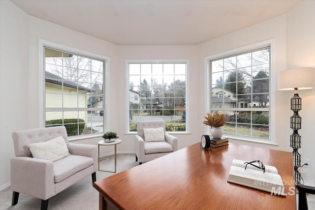 carpeted office space featuring baseboards