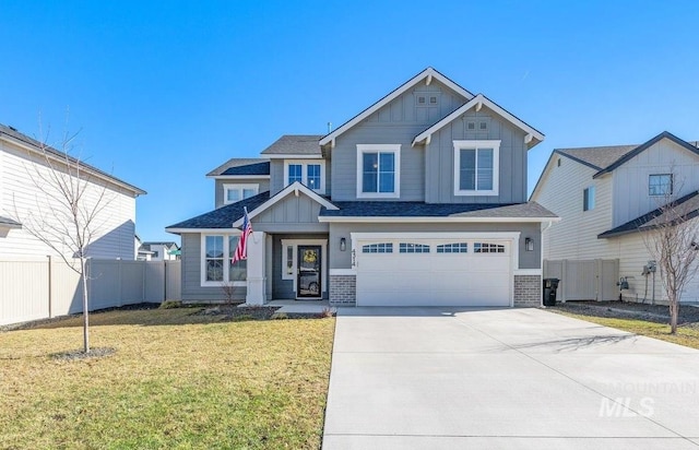 craftsman-style house featuring driveway, an attached garage, fence, board and batten siding, and a front yard