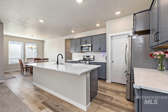 kitchen featuring light wood finished floors, tasteful backsplash, a center island with sink, stainless steel appliances, and a sink