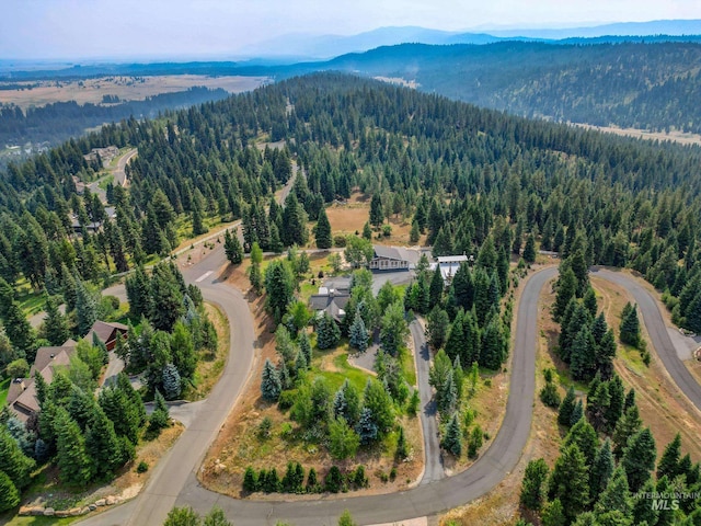 aerial view of a heavily wooded area and mountains