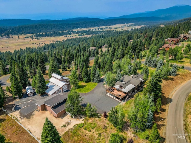 drone / aerial view of a heavily wooded area and a mountain backdrop