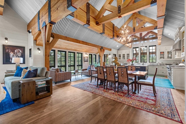 dining area featuring high vaulted ceiling, hardwood / wood-style floors, a chandelier, wooden walls, and beamed ceiling