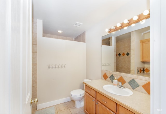 6174 N Queensbury Pl, Boise, ID 83713 - full bathroom featuring tile patterned floors, vanity, toilet, decorative backsplash, and a tile shower