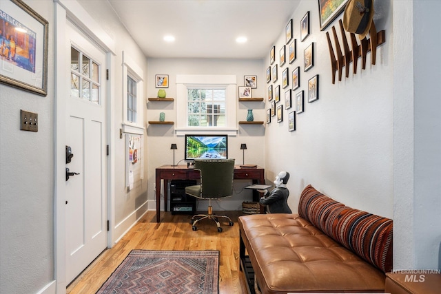 office with recessed lighting, baseboards, and light wood finished floors