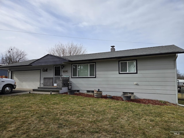 single story home featuring a garage, a shingled roof, and a front yard