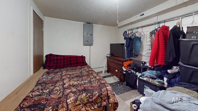 bedroom featuring visible vents, a textured ceiling, light carpet, and electric panel